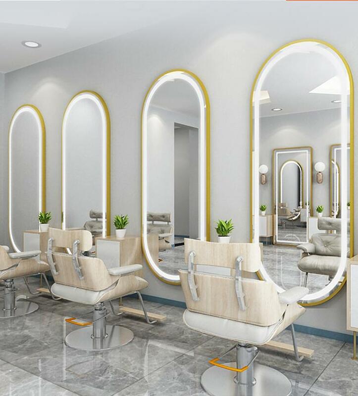 Barber shop mirror salon mirror salon special LED light net red wall mounted simple European haircut mirror