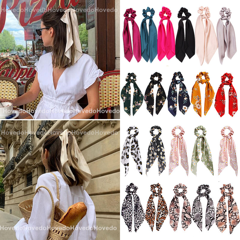 Fashion Print Scrunchies Solid Color Stain Long Hair Ribbon for Women Ponytail Scarf Sweet Elastic Hair Band Hair Accessories