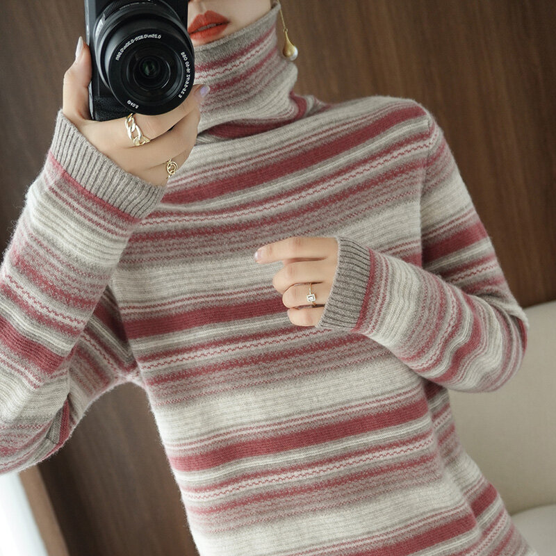 Striped New Women's Sweater Korean Version Of the High-Neck Short Autumn And Winter Bottoming Shirt Retro Iong-Sleeved All-Match