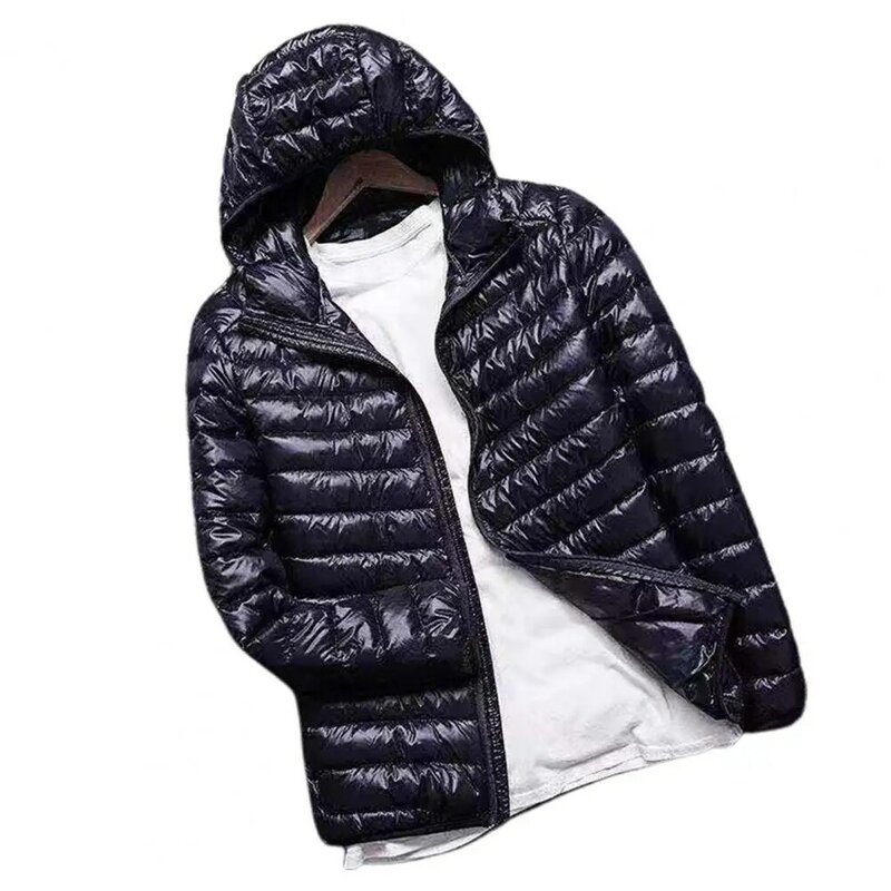 Mantel Panjang Pria Jaket Musim Dingin Ringan Kardigan Ritsleting Bertudung Empuk Warna Solid untuk Pakaian Sehari-hari