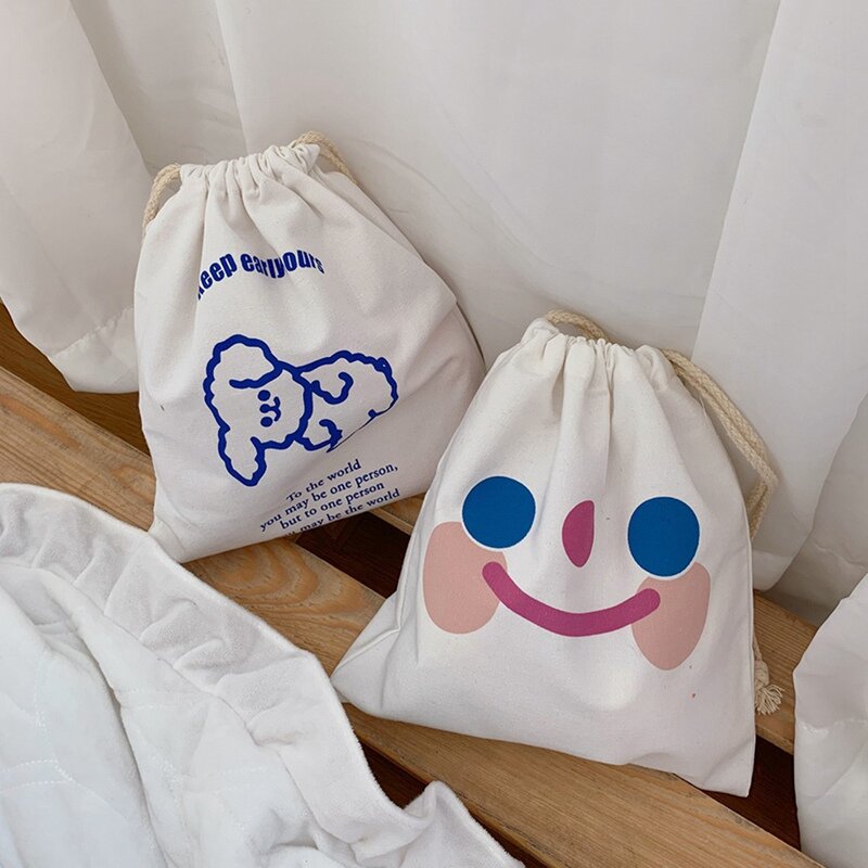 Sweet Girls Canvas Bags Cartoon Printed Drawstring Bags 2020 Fashion Crossbody Bags Casual Simple Shoulder Bag