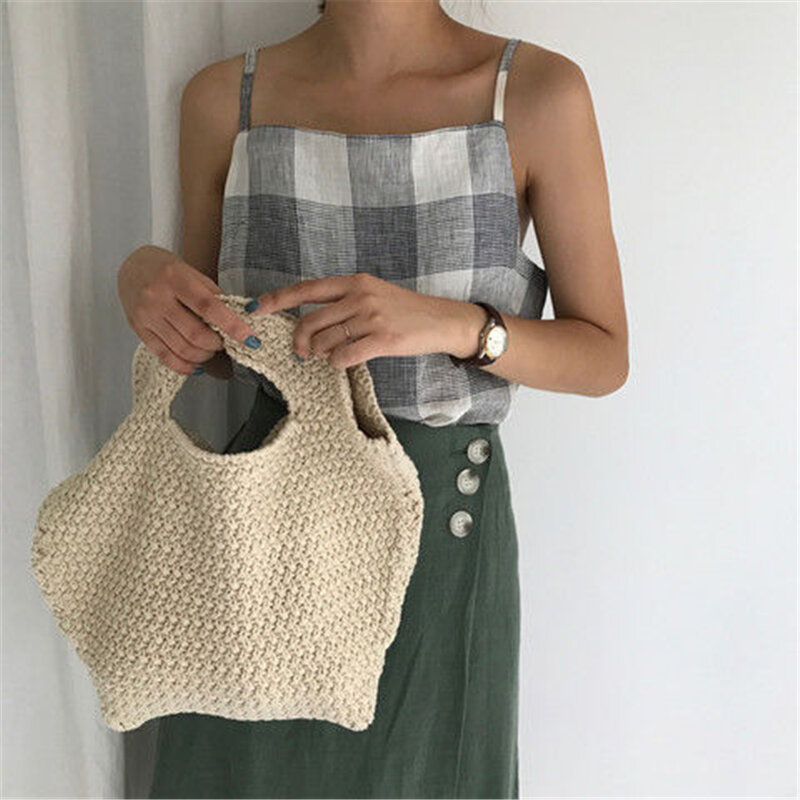 Tas Belanja Rajutan Wanita Clutch Kapasitas Tinggi Kualitas Tinggi Portabel Lipat Retro Ins Fashion Lembut Nyaman Coklat Khaki