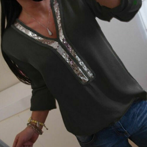 New Fashion Women Sequins Stitching Tops Sexy Loose Blouse Shirts Long Sleeve Elegant V-Neck Casual Blouses