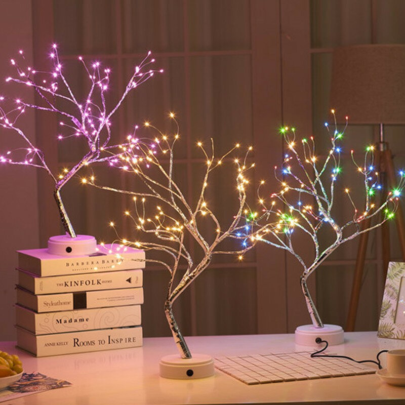 Mini árbol de Navidad de alambre de cobre para niños, lámpara LED de noche para decoración del hogar, dormitorio, iluminación de hadas para vacaciones
