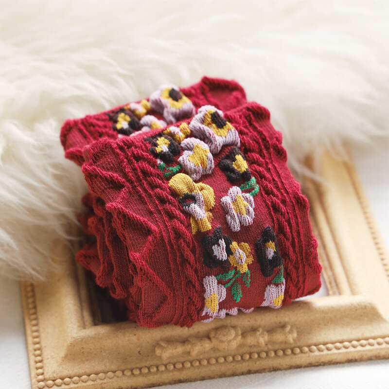 Lolita-Calcetines de algodón transpirables para mujer, medias de estilo floral, Jacquard, Harajuku coreano, para Otoño e Invierno