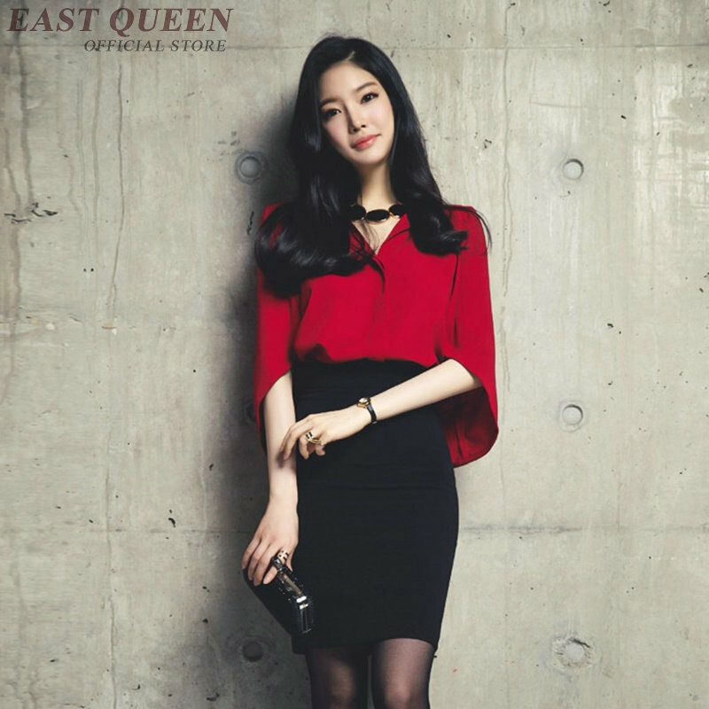 Wanita Merah Blus 2019 Musim Semi Musim Panas Baru Korea Fashion Wanita Pakaian Cape Panjang Kemeja Wanita Blus Bergaya DD2269