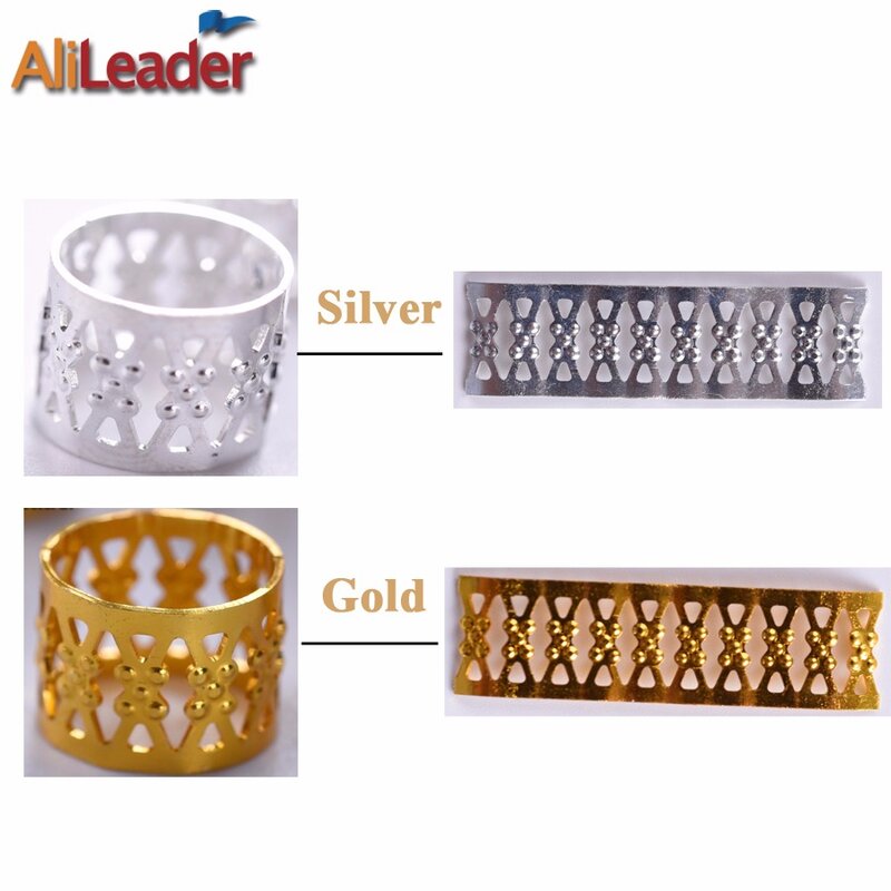 Alileader Tube Beads Golden Silver Rings For Braids Jewelry Ring Dread Dreadlock Beads Adjustable Braid Cuffs Hollow Hair Beads