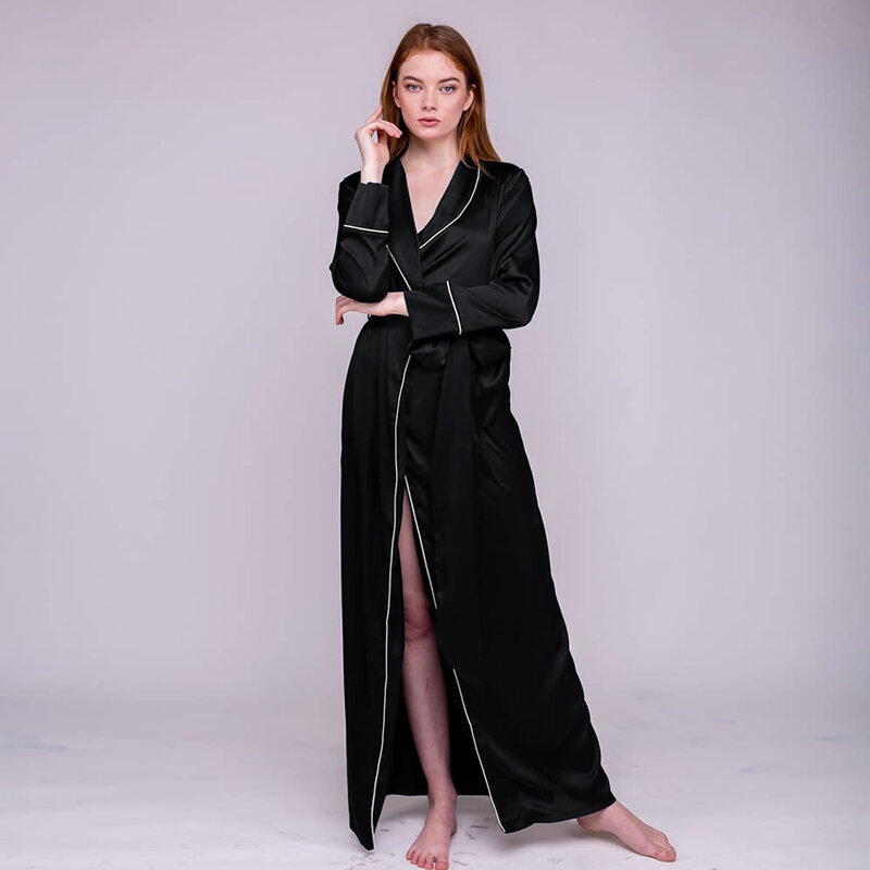 HiLoc czarny satynowy szlafrok z długim rękawem Sexy sleepwear damski szlafrok dla domu szata 2022 wiosna elegancka koszula nocna dla panna młoda