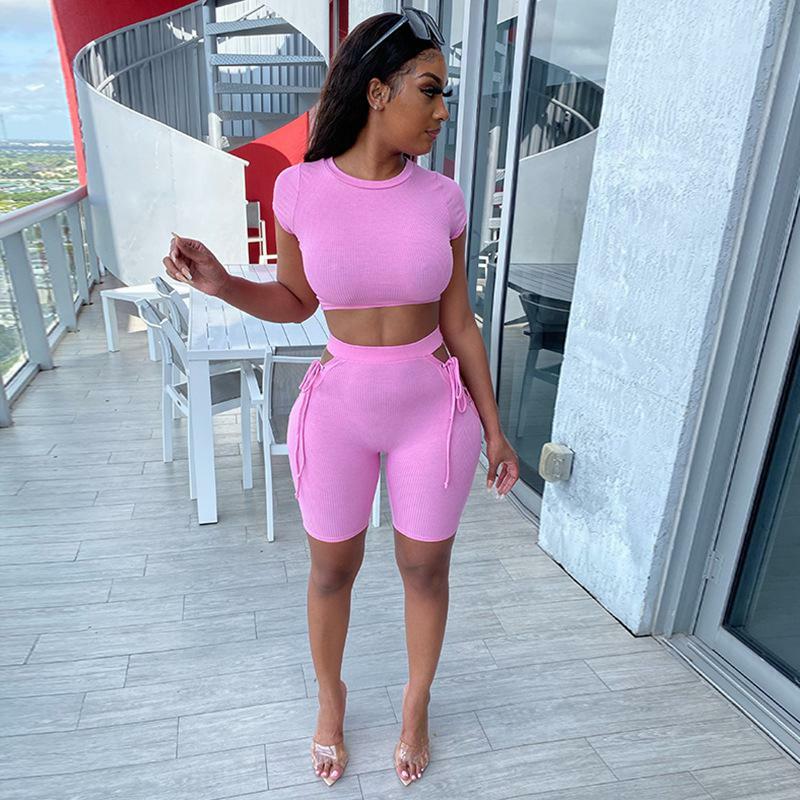 2021 Sexy 2 Pieces Set Homewear Women O Neck Short Sleeve  Solid Color  Crop Tops High Waist Shorts Sport Outfit Tracksuit
