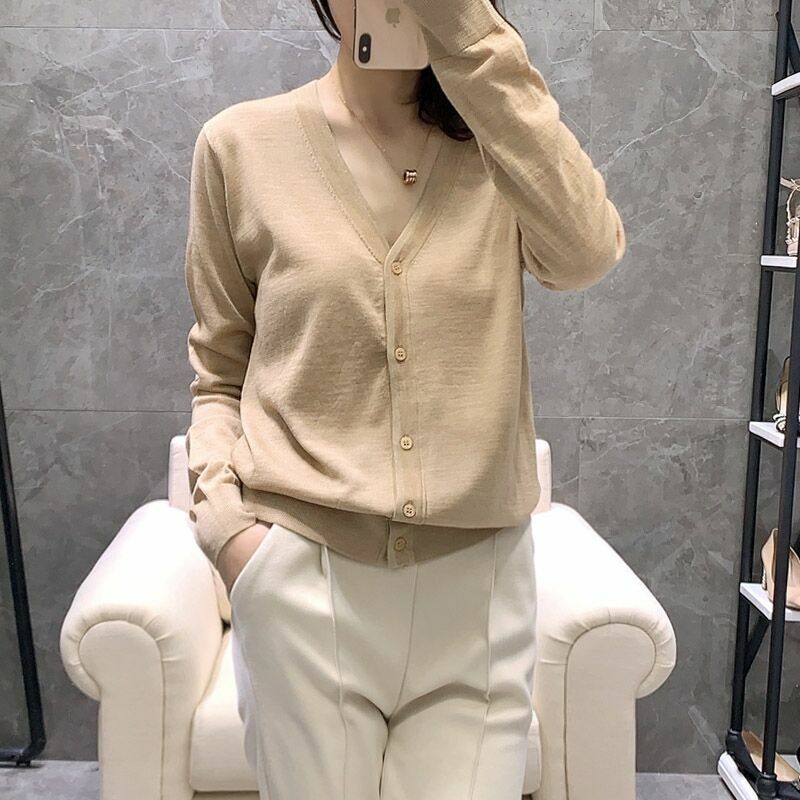 Vrouwen Trui Vest Jas 2022 Lente Nieuwe V-hals Lange Mouwen Fashion Koreaanse Versie Eenvoudige Losse En Dunne Base dunne Gedeelte