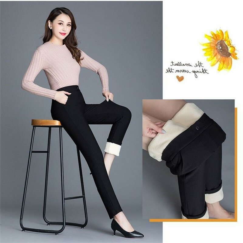 650g lambs high elastic warm pants women's autumn and winter Plush thickened high waist casual Leggings large