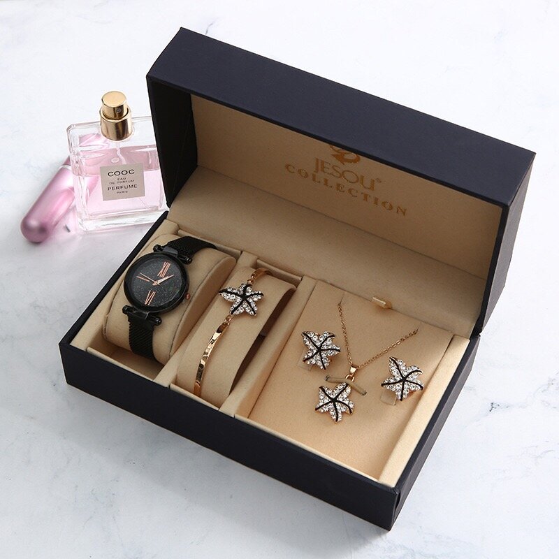 Luksusowe marki zegarek kwarcowy kobiety zegarki bransoletka kolczyki naszyjnik zegarki 5 sztuk zestaw panie zegar kobiet zegarek z pudełkiem