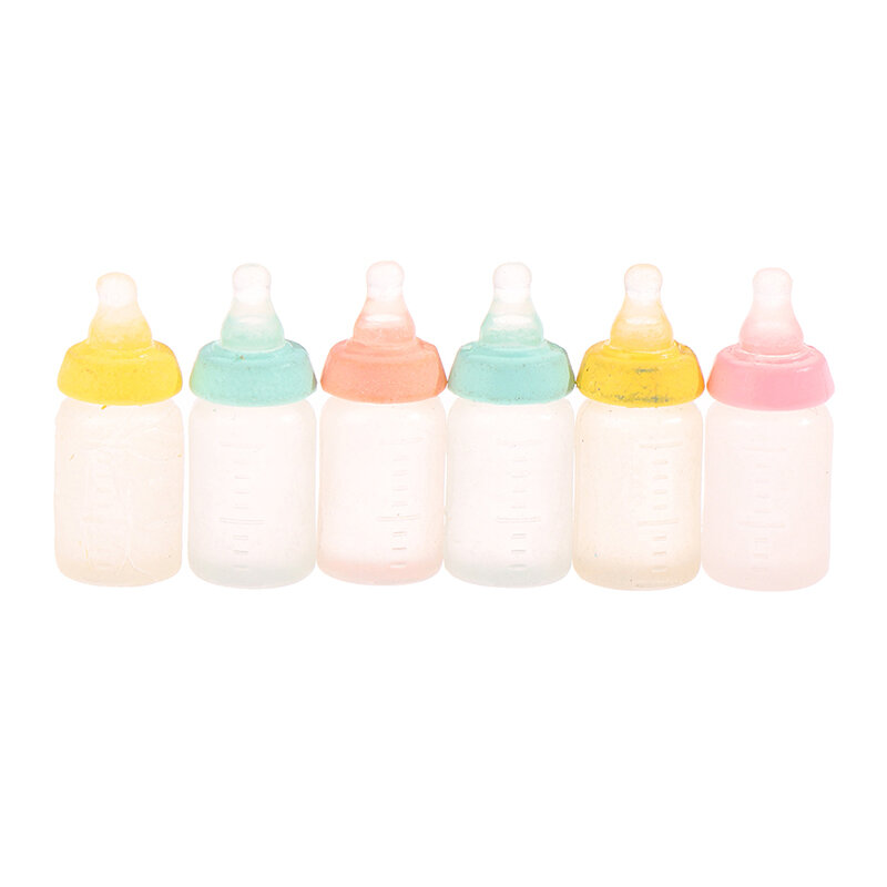 6 sztuk kolorowa żywica symulacja Mini butelka mleka miniaturowe butelka dla dziecka Super słodki przezroczysta butelka 1:12 akcesoria do domku dla lalek