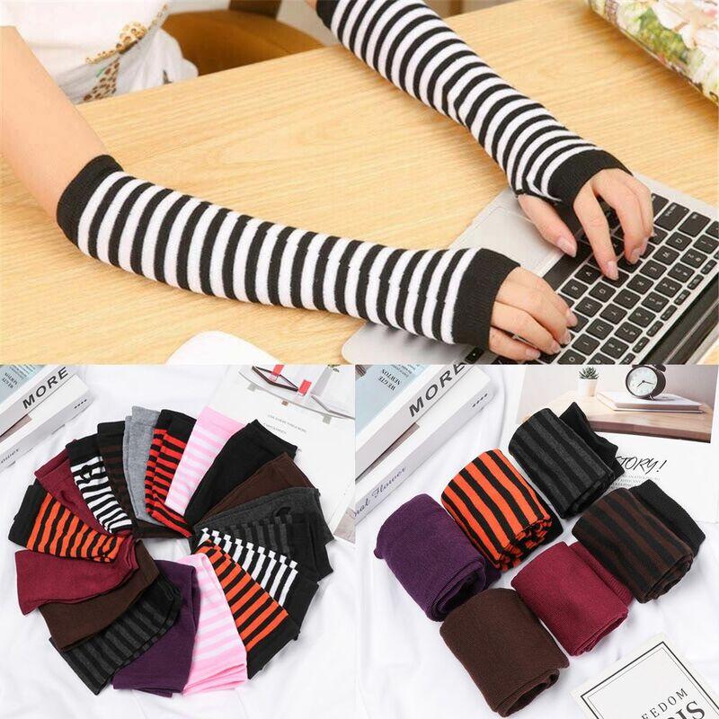 Soft Striped Long Sleeve Arm Cover Fingerless Long Glove Knitted Gloves Elbow Mitten Wristband