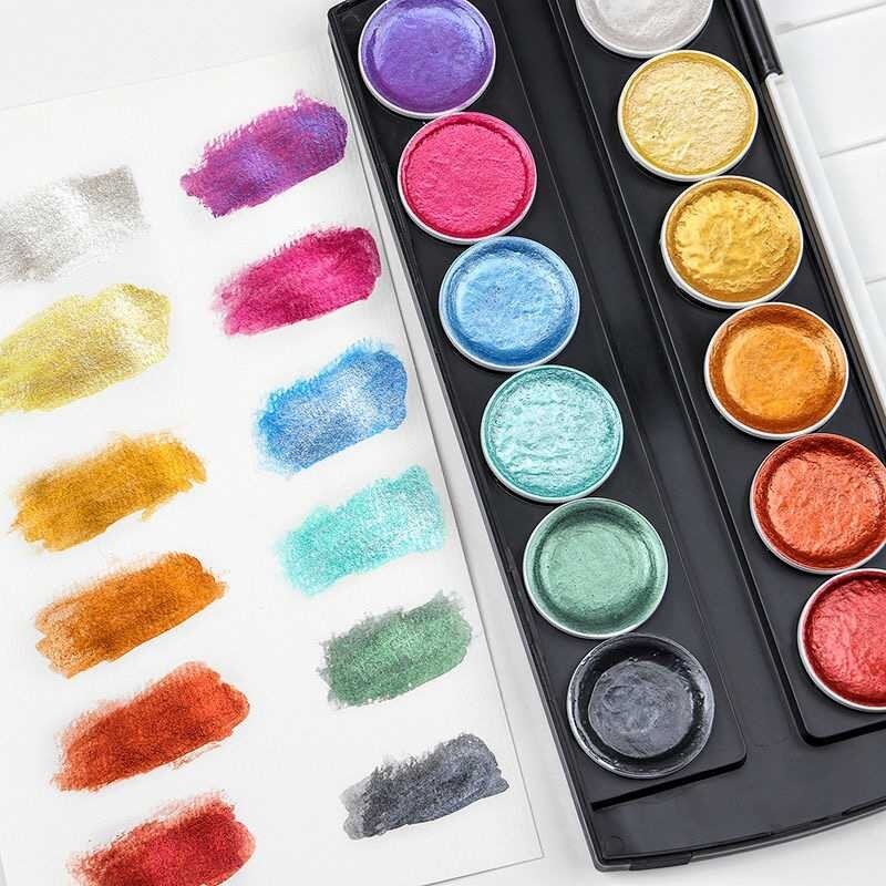 Ensemble de peinture aquarelle métallique d'artiste 12 couleurs avec stylo à brosse à eau pour peinture à paillettes, fournitures d'art de couleur à l'eau