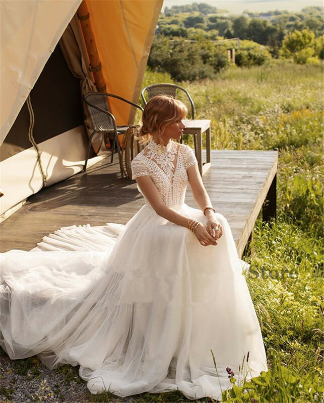 DREAM Boho koronkowa tiulowa na szyję suknia ślubna 2023 rękawy Cap A-Line czeska suknia ślubna Vintage elegancka sukienka De Mariée