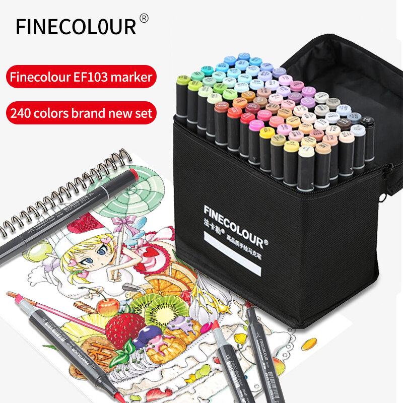 Finecolour EF103 240 Colori Art Marker Set Morbido Dual Teste Grassa A Base di Alcool Marcatori Schizzo Penna Per Artista del Design Professionale