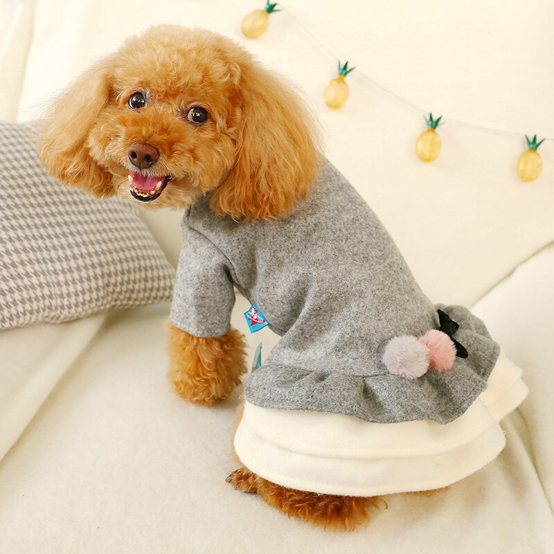 PETCIRCLE-ropa para mascotas, vestido de lazo de doble bola para perros pequeños, bichón de peluche, Pomerania, Otoño e Invierno