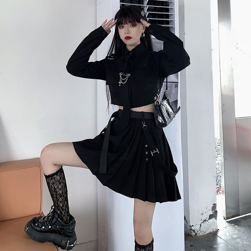 HWL Musim Semi Harajuku Streetwear Dua Potong Rok Musim Semi Kebesaran 4XL Rantai Punk Rok Pita Wanita 2 Potong Setelan untuk Wanita