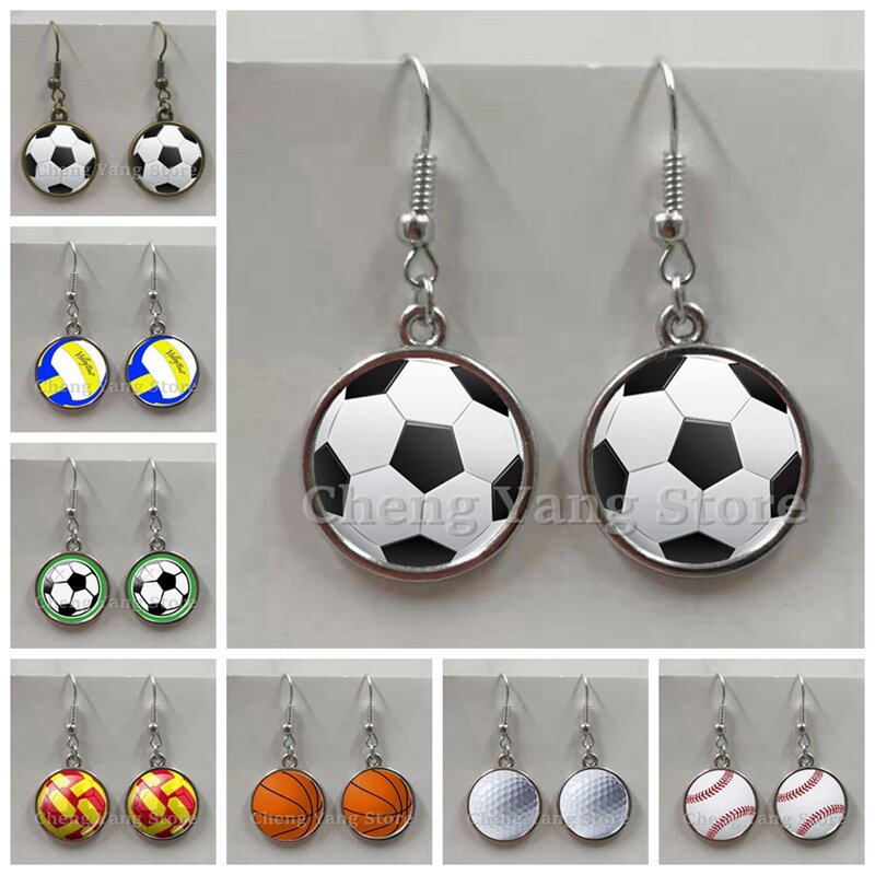 Boucles d'oreilles boule de volley-ball rondes convexes en verre, image de football, métal, décontracté, opération sportive, cadeau d'anniversaire