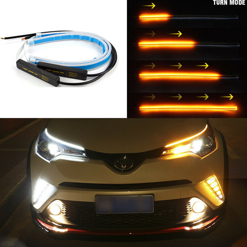 2pcs Ultrafine รถยนต์ DRL ไฟ LED ทำงานกลางวันไฟ Hite ไฟเลี้ยวสีเหลืองยืดหยุ่น LED Strip ท่องเที่ยว LED สำหรับไฟหน้า ...