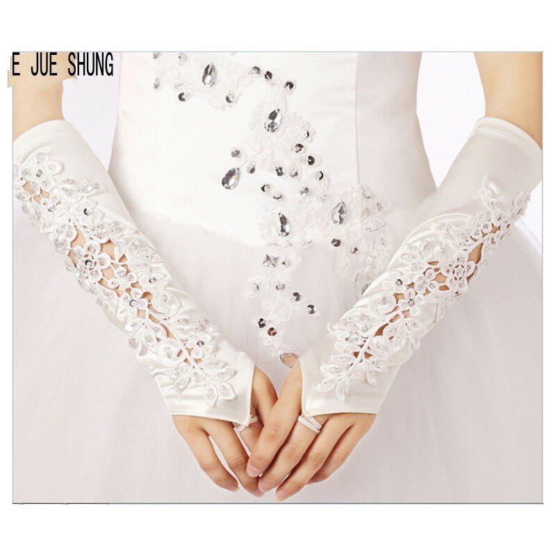 E JUE SHUNG Satin Wedding Gloves Fingerless Bridal Gloves Appliques Beaded Elegant for Women Luva De Noiva Wedding Accessories