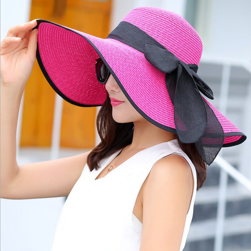 여름 넓은 둥근 밀짚 모자 여자를위한 큰 태양 모자 UV 보호 파나마 플로피 비치 모자 숙녀 활 모자 Chapeau Femme