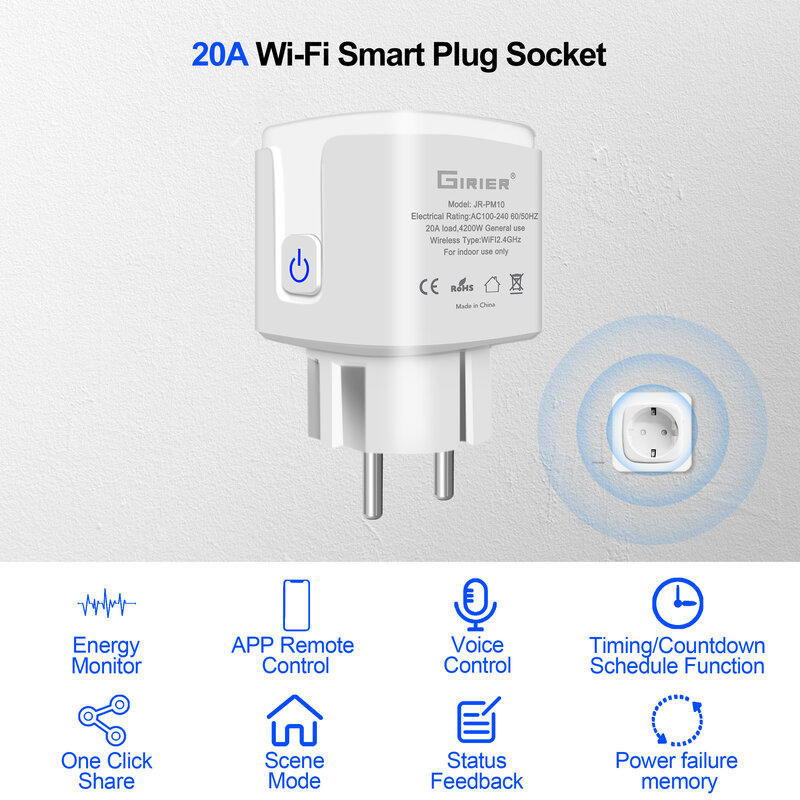 GIRIER Tuya Wifi Smart Plug 20A EU Smart Socket Outlet dengan Monitor Daya Fungsi Timer 4200W Kompatibel dengan Alexa Google Home