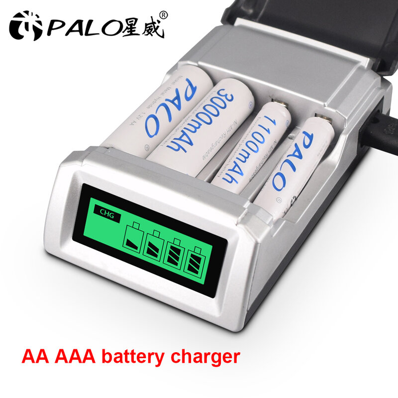 PALO-Carregador de Bateria Inteligente Inteligente, Carregador AA para 1.2V AA, AAA, NiCd, Baterias Recarregáveis NiMh, 4 Slots, Display LCD