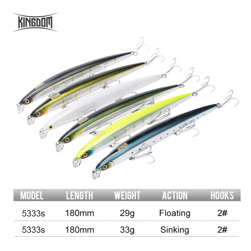 Kingdom Sea-Señuelos de Pesca de 18cm, 29g, 33g, cebos flotantes de hundimiento lento, cebos duros artificiales Wobbler, anzuelos VMC, aparejos de pesca