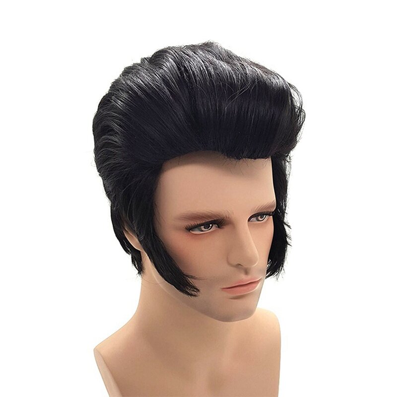 Perruque Cosplay Elvis Presley pour hommes, chanteurs de rock, Elvis Aron, cheveux synthétiques noirs, fête d'Halloween, perruques de costume de carnaval