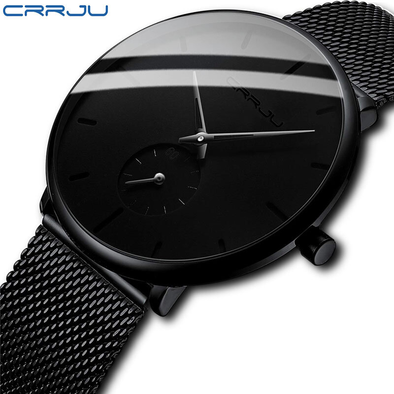 CRRJU-reloj deportivo de cuarzo para hombre, cronógrafo de pulsera de acero de malla ultrafina, resistente al agua, informal, color negro