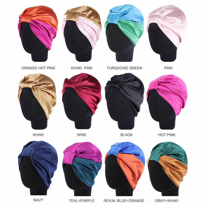 Turbante de cetim elástico para mulheres, tampas de seda para cabelo, chapéu indiano para senhora, chapéu de dormir feminino, moda muçulmana
