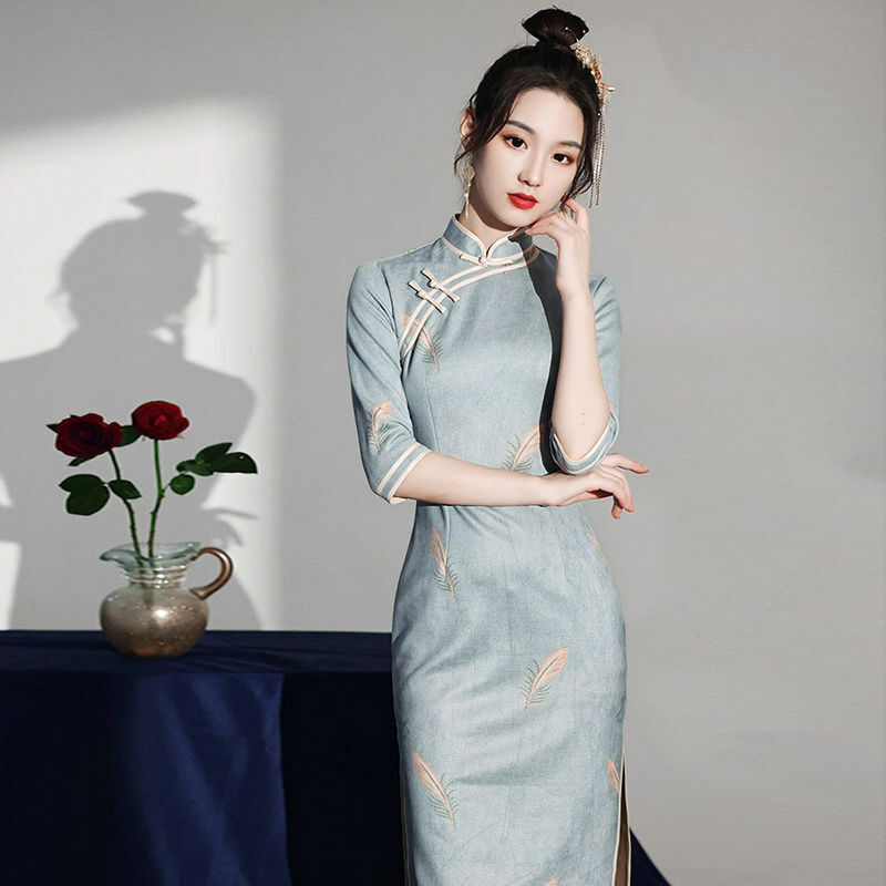 Новинка 2024, винтажное улучшенное элегантное женское традиционное платье Ципао с рукавом до локтя, элегантное китайское вечернее платье Ципао