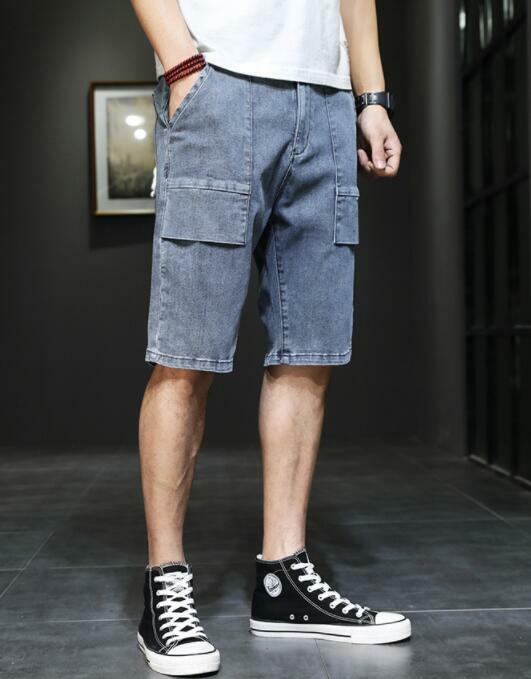 Summer Jeans Men Distressed Jeans Big Pocket Streetwear Jeans Man Knee Length Denim Trousers Size 28-44