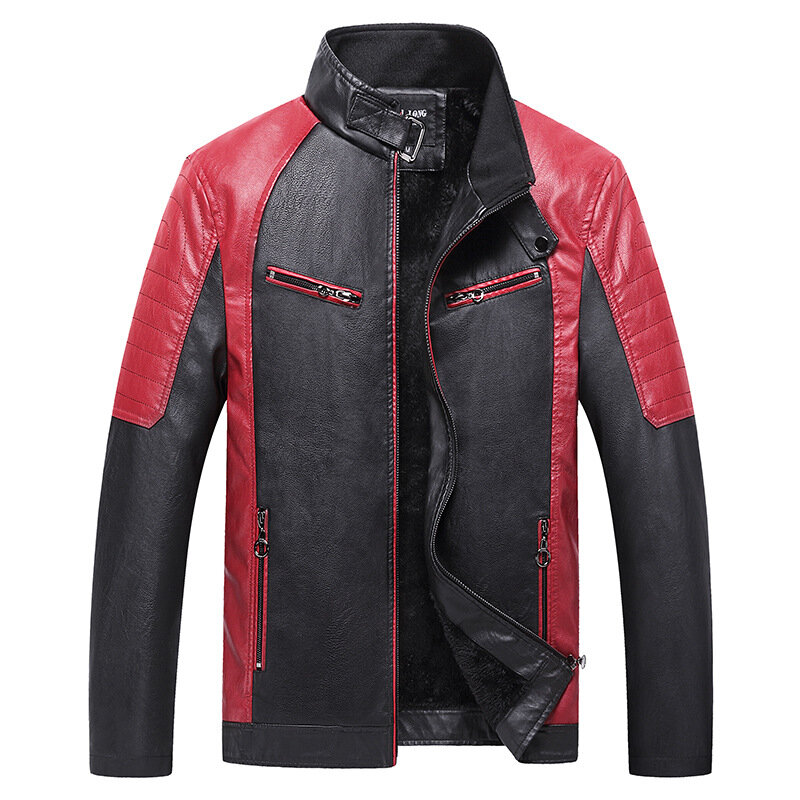 Jaqueta de couro de lã emendada, casaco masculino casual com motor da moda para outono e inverno, jaqueta quente de motociclista para homens