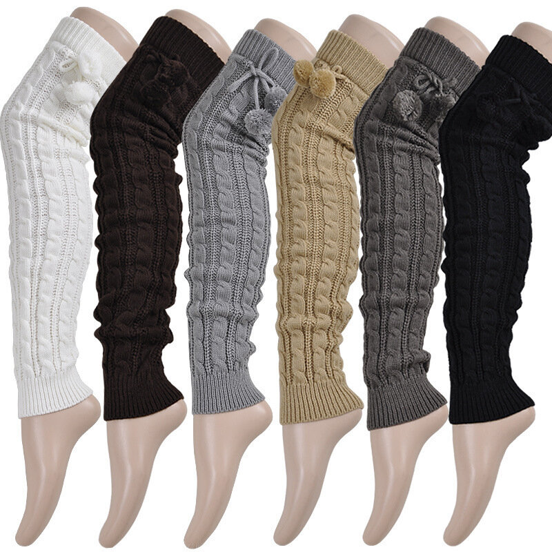 Autumn And Winter Women's Knitting Figure 8 Twist Lengthened Over The Knee With Ball Thermal Boot Cover Knee Sleeve  Legging
