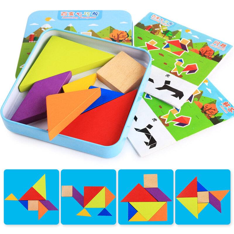 Mainan Puzzle hewan pola kayu 3D, mainan Tangram warna-warni, mainan anak pendidikan dini Montessori, mainan permainan hadiah anak