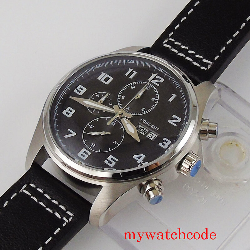 Corgeut 42mm movimento de quartzo mecânico relógio de pulso masculino cronógrafo data da semana pulseira de couro clássico relógio masculino