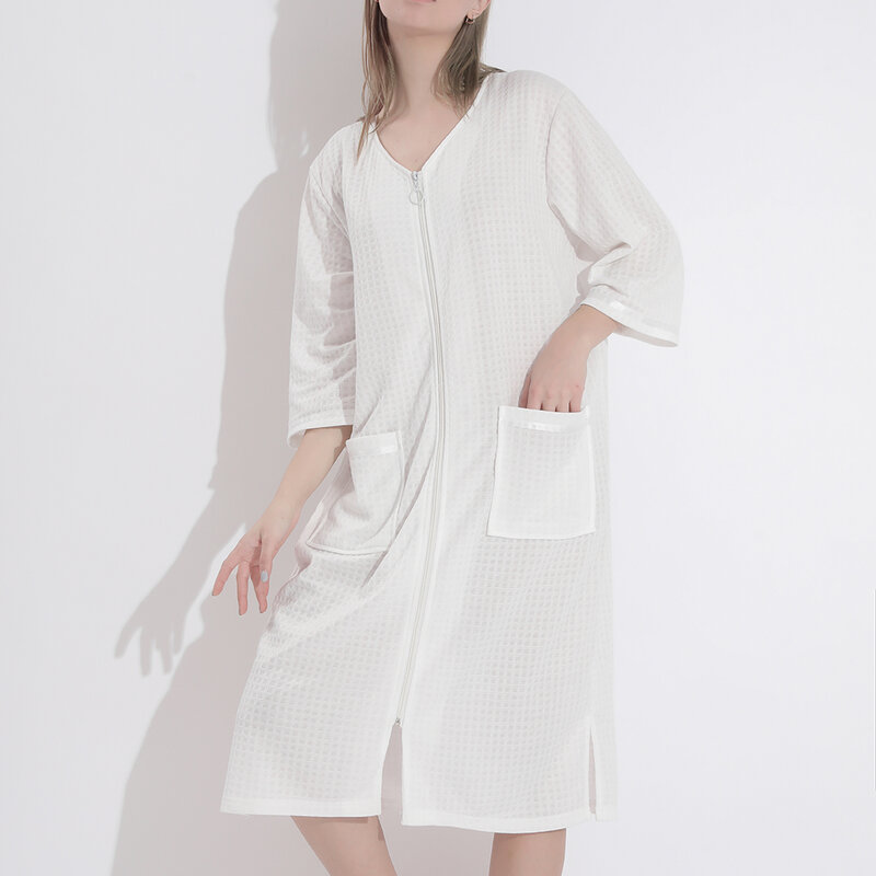 Women Bathrobe Nightgown Zipper Pocket Loose Nightwear Thin Robe Gown Sleepwear 3XL Casual Pajamas Robe Loungewear Dress