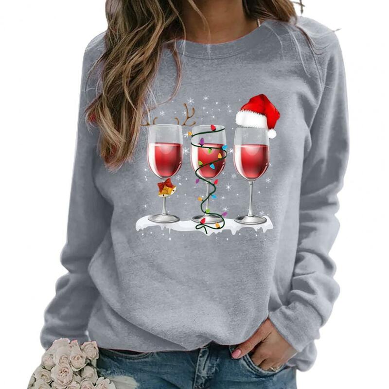 Frauen Weihnachten Langarm Weinglas Druck Herbst Winter Bluse Sweatshirt
