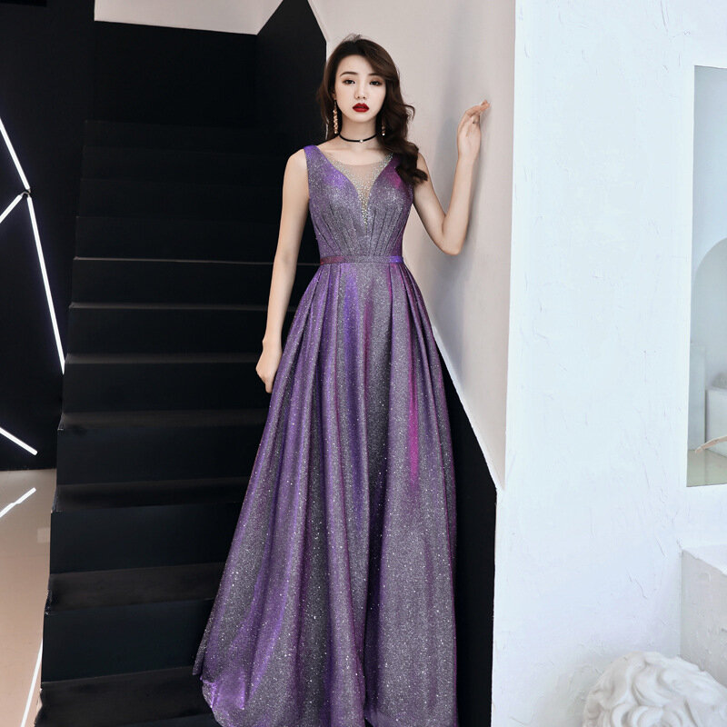 French Style Women's Party Gowns Deep V-Neck Sleeveless Elegant Evening Dress Floor-Length Embroidery A-Line Sequined Club Wear
