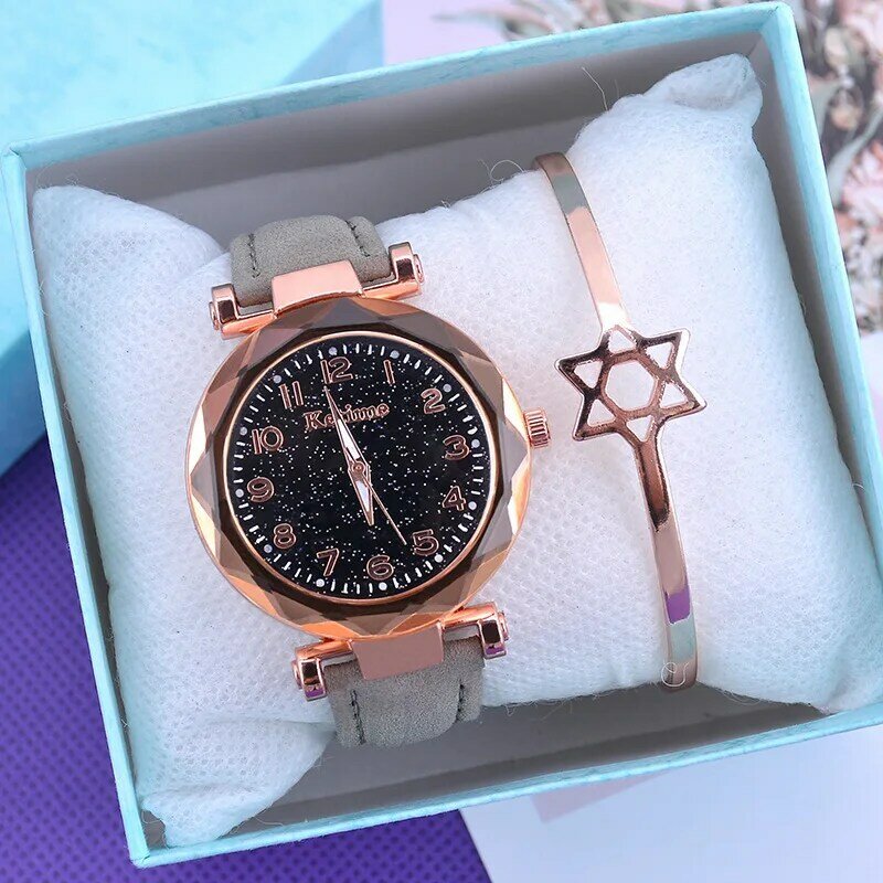 Casual romântico céu estrelado relógios femininos moda pulseira senhoras relógio de pulso simples relógio de couro feminino relogio feminino