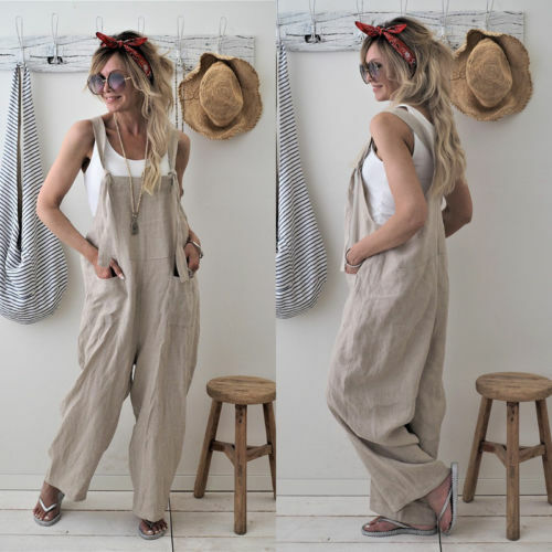 Macacão 2020 nova marca feminina casual solto algodão linho sólido bolsos macacão perna larga calças cortadas quente
