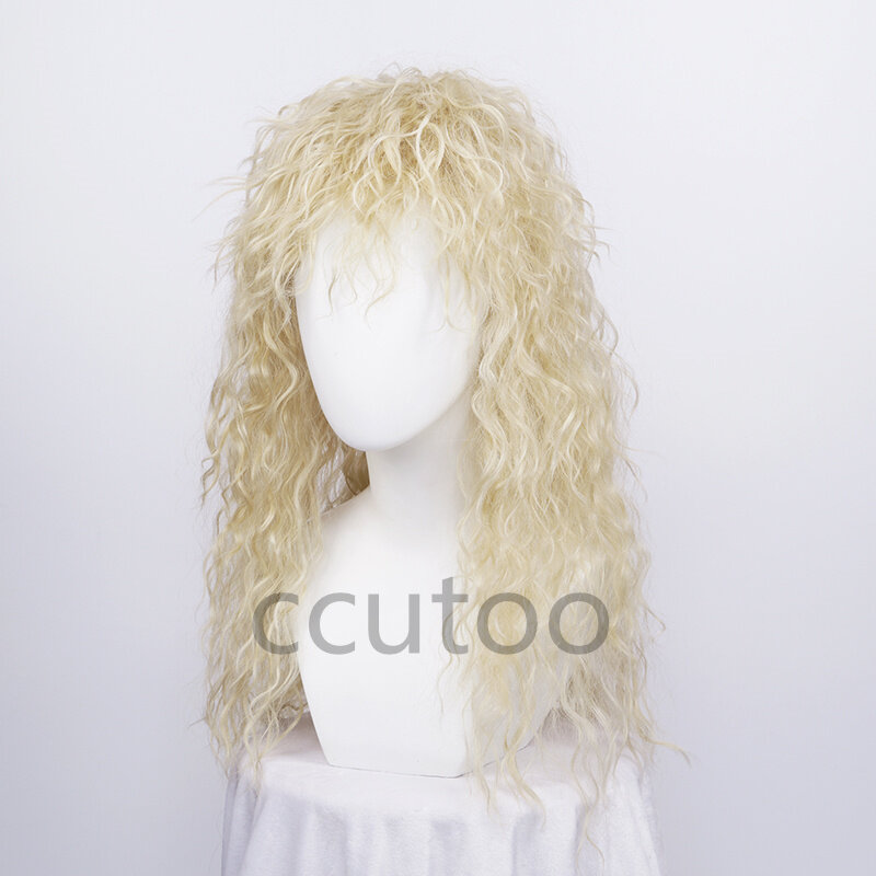 Men's Long Curly Blonde Hair Halloween Cosplay Synthetic Wig Punk Metal Rock Disco Mullet Fluffy Wig + Wig Cap