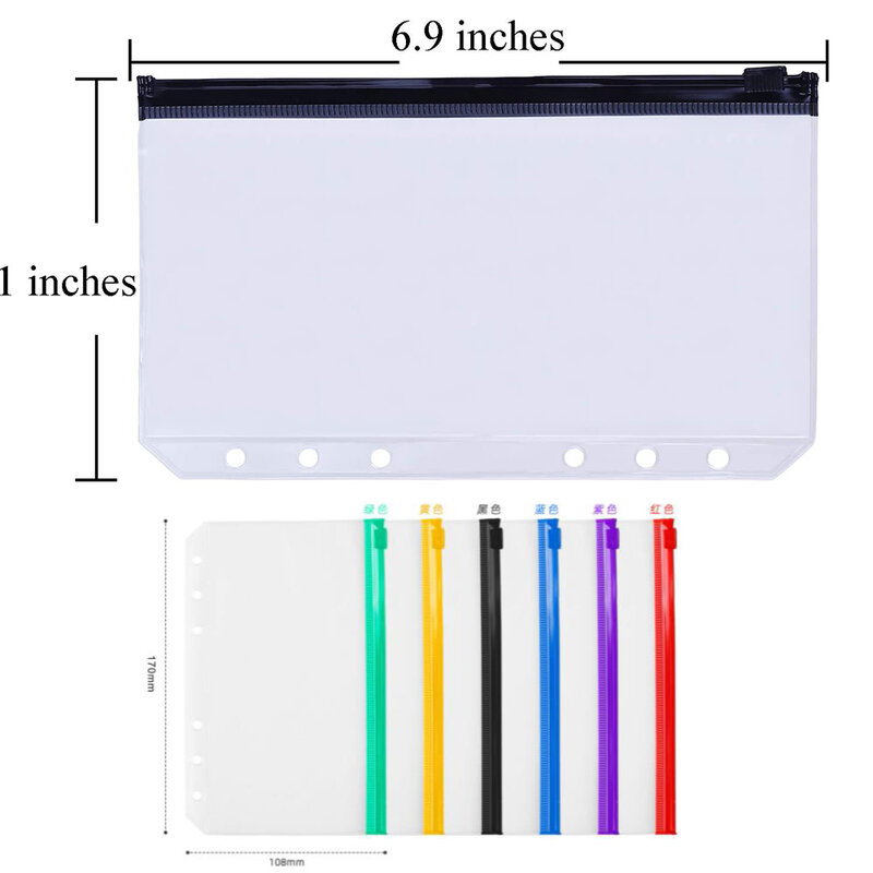 A6 Size 6 Holes Binder Pockets, Plastic Colorful Binder Zipper Folders Waterproof PVC Pouch Document Notebooks Cards Filing Bags