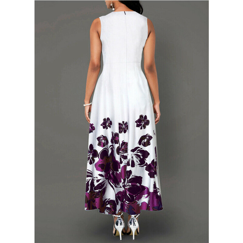 Blanc sans manches col rond imprimé fleuri femmes Vestidos Sexy robe moulante été 2019 Boho Maxi robes Sexy bureau robe dame