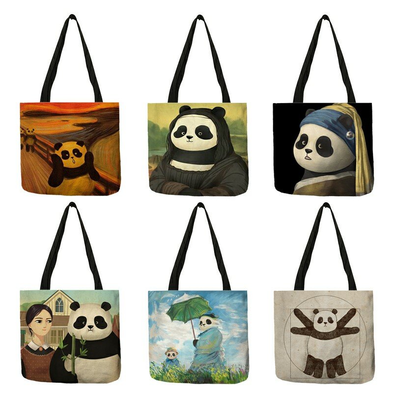 Funny Spoof Famous Painting Panda Pattern Large Shopping Shopper Bag For Groceries Graphic Tote Women Shoulder Bags Large