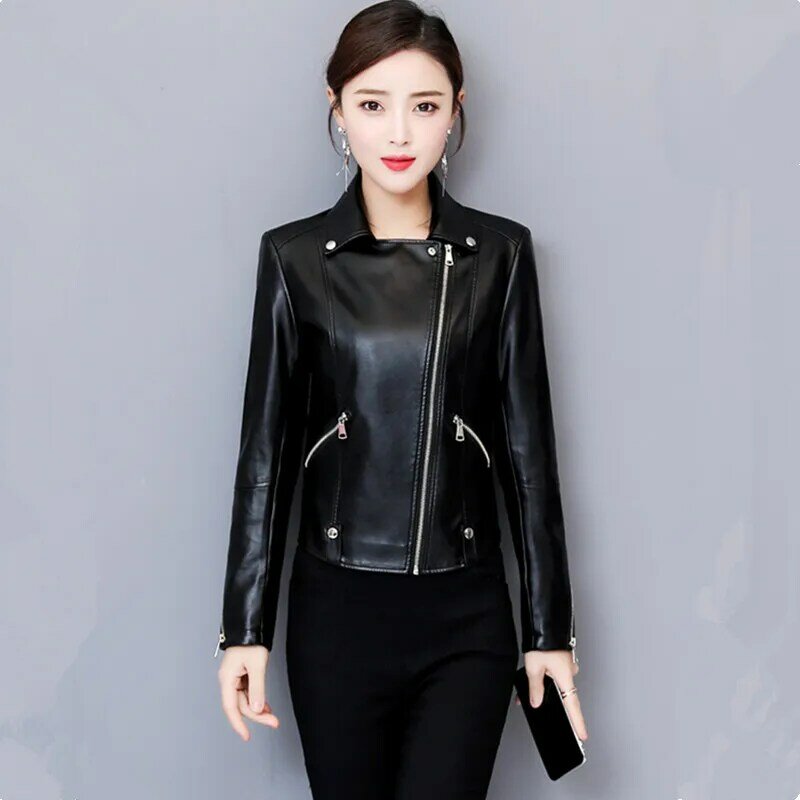 TNLNZHYZ Genuine Autumn Leather Jacket Women Quality Sheepskin Elegant Female Short Leather Coat zipper Slim Big Size Tops 1335
