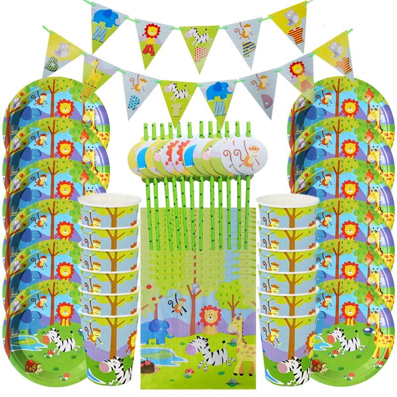 Jungle Safari animali sacchetti regalo di carta borse trattare decorazioni  per feste di compleanno bambini Baby Shower piatti tazze forniture a tema  foresta / Forniture da festa